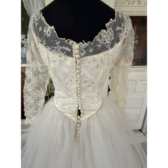 Vintage 50's Tulle Lace Tiered Cupcake Wedding Dress Beading Sequins Sz Small - Picture 9 of 16